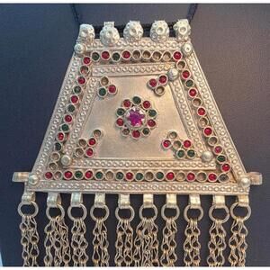 Vintage Afghan Kuchi Tribal Silver Pendant Necklace, Large Glass Inlay Fringe
